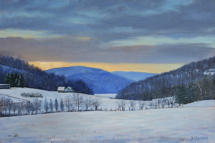 Snow-in-the-Valley, landscape painting, oil painting, Virginia landscape painting, view of mountains from Ben Venue Rd., winter scene with farmhouse and mountains in snow, painting of Flint Hill in winter, snow painting, winter painting, winter scene of the Virginia  Piedmont
